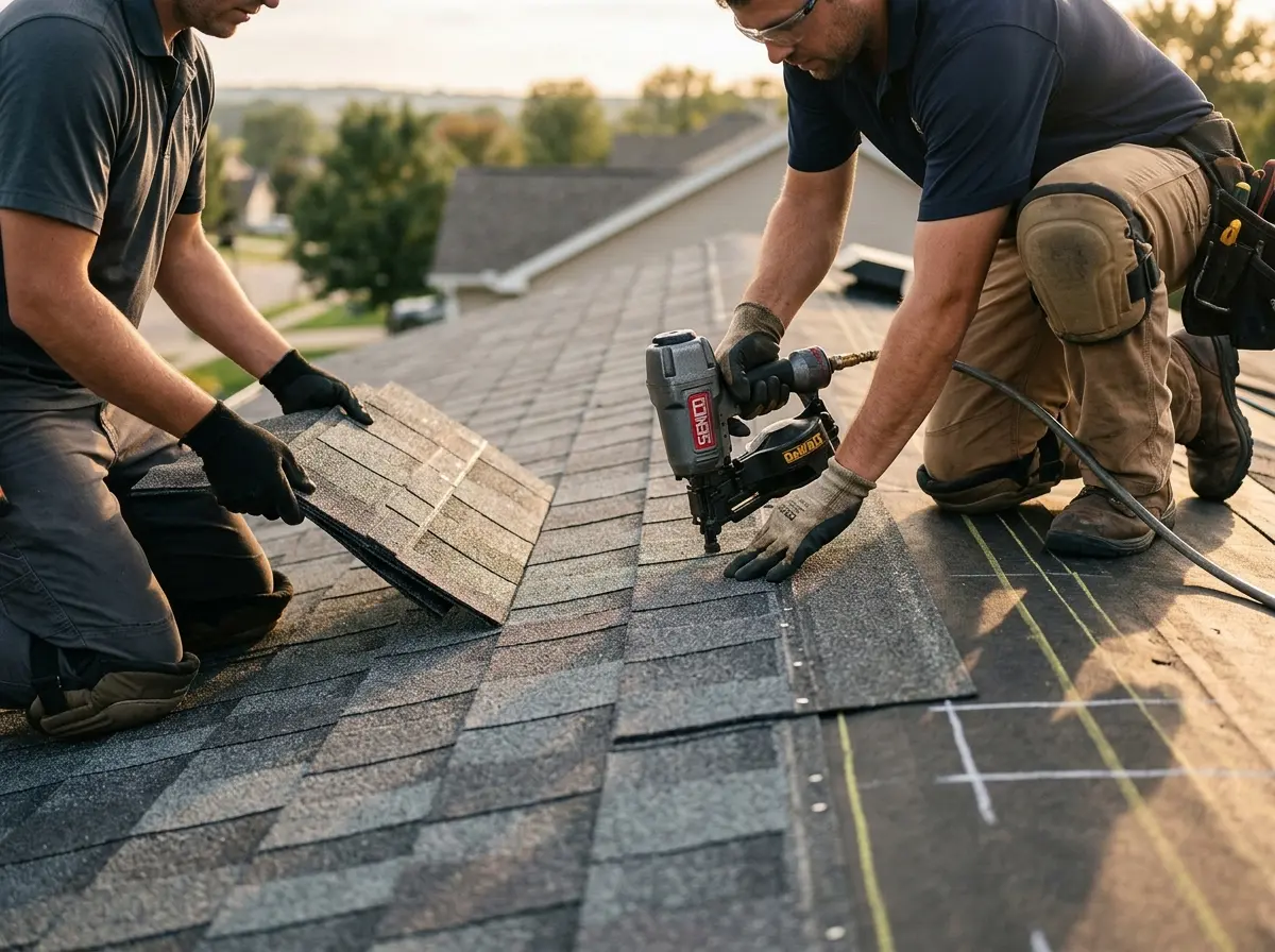 Professional roofer working on a residential roof in Delafield